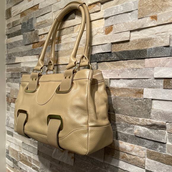 MAXX New York Pebbled Leather Satchel | Tan Neutral Gold Shoulder Leopard Tote - Picture 6 of 13